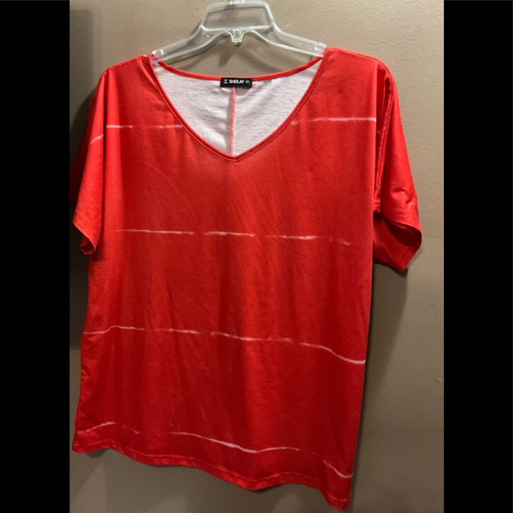 SHEILAY V NECK ORANGE WHITE SHORT SLEEVE TOP EUC